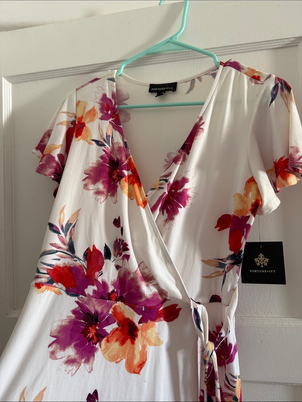 Fortune & Ivy Floral Wrap Maxi Dress - White with Pink & Orange Flowers